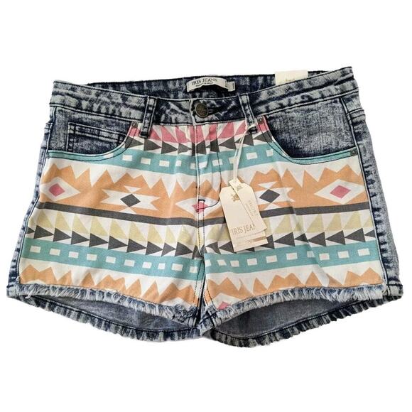 iris jeans Modern Vintage Tribal Aztec Acid Wash Jean shorts L Large New - Picture 1 of 8